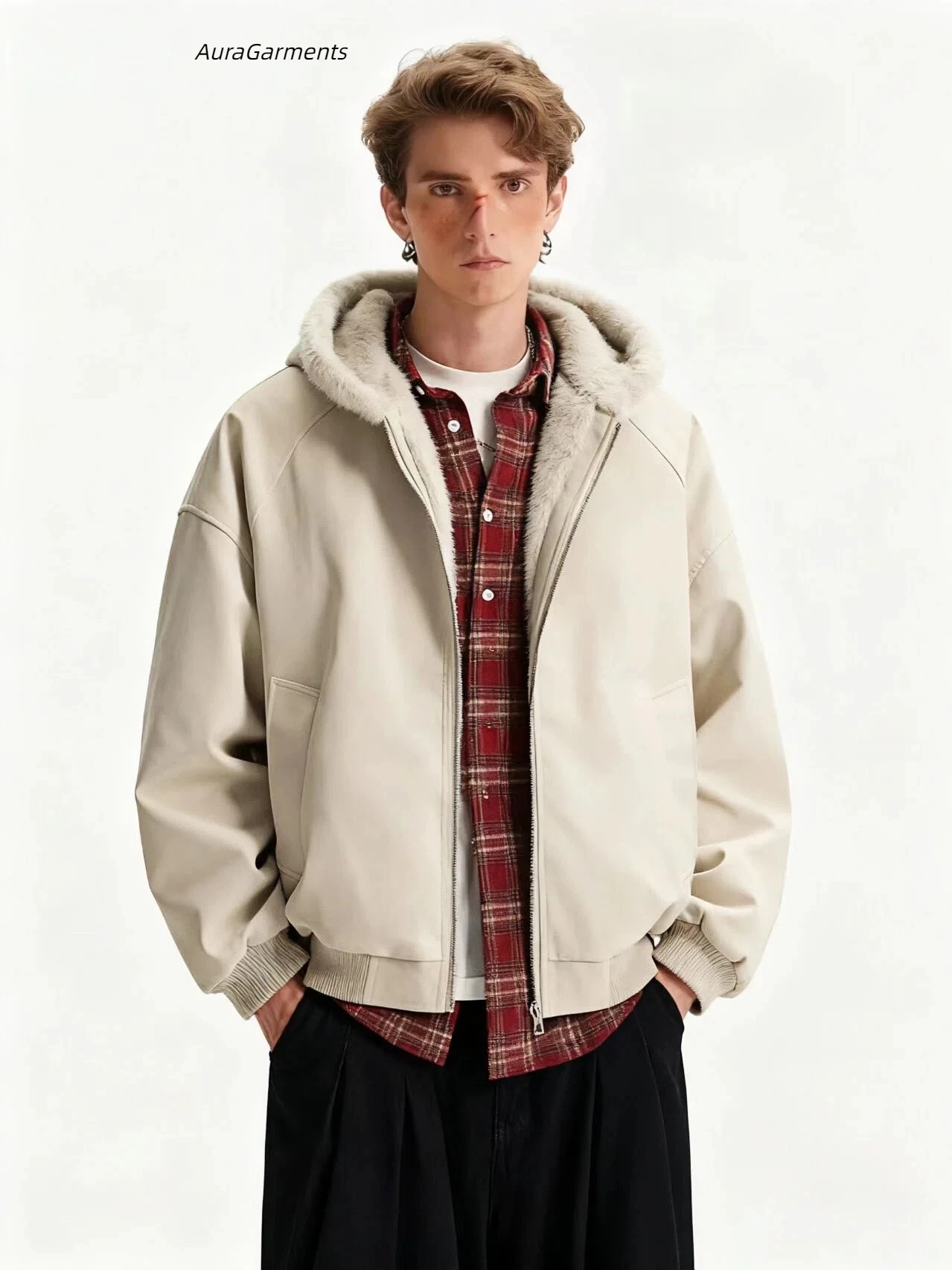 

AuraGarments Thiened Faux Rabbit Fur Jaet with Hood American Sle Men's Winter Cotton Coat Warm Casual Long Sve Coat