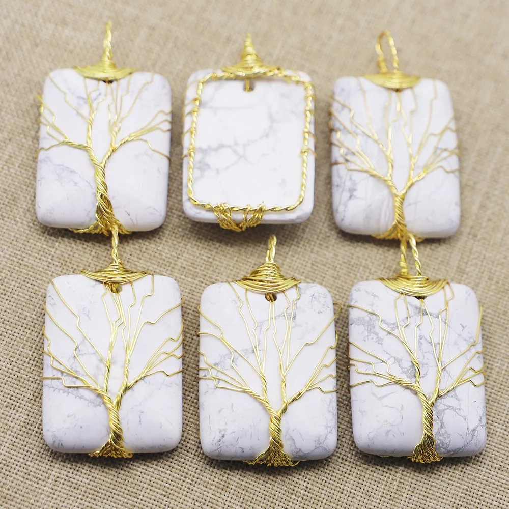 Natural Stone White Turquoise Square Necklace Pendant Gold Wire Winding Handmade Wrap Tree Of Life Charms Jewelry Wholesale 4Pcs