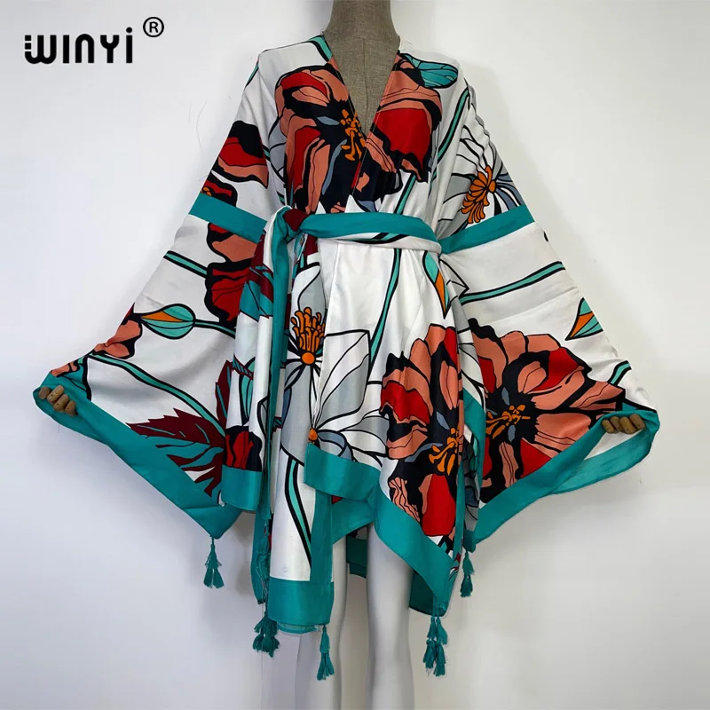 WINYI-ropa de playa de verano para mujer, Kimono de manga larga con cinturón, cárdigan bohemio, sexy, para vacaciones, novedad de 2022