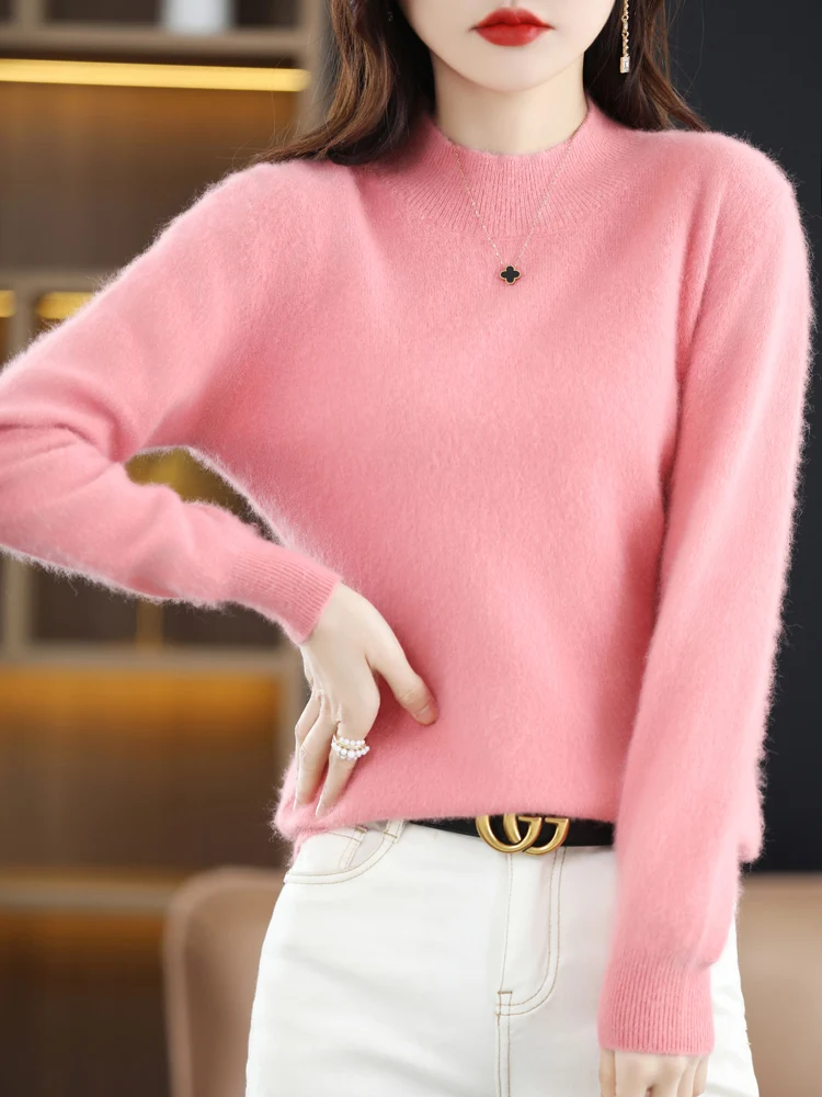 Women\'s New 100% Mink Cashmere Clothing Winter Half Turtleneck Knitted Pullover Casual Short Sweater Loose Large Size Thick Tops