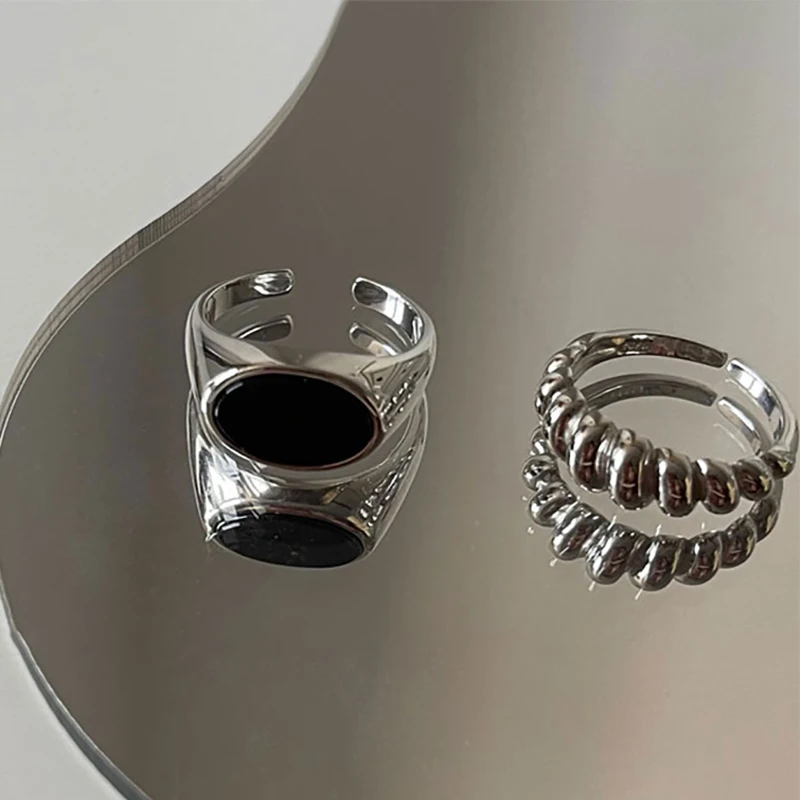 Foxanry Silver Color Ellipse Black Zircon Rings For Women Couples Fashion Personality Simple Hip Hop Classic Daily Party Jewelry image 4