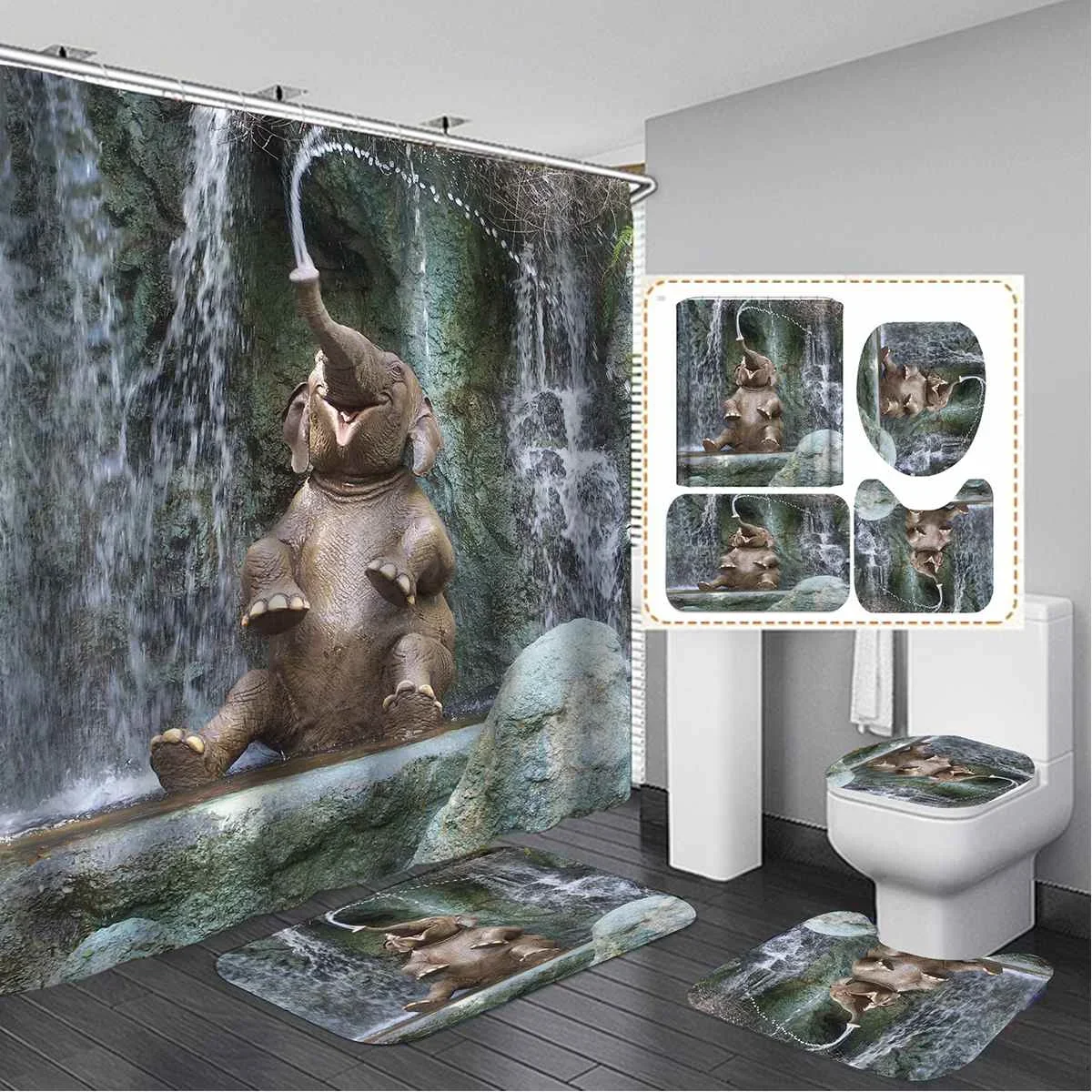 Animal Elephant Playing with Water Shower Curtain Set 3D Print Bathroom Bath Mat Floor Toilet Rug Home Decor