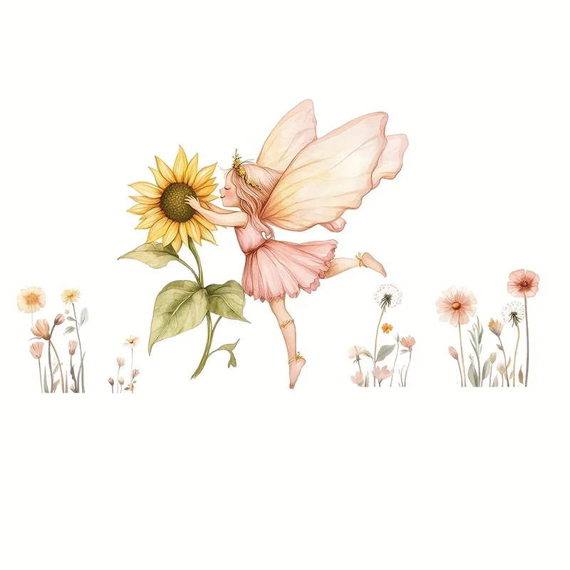 MT1098# Sunflower and Fairy Girl Plant Butterfly Wall Stickers for Living Room Girl Bedroom Background Self-Adhesive Decorative view 4