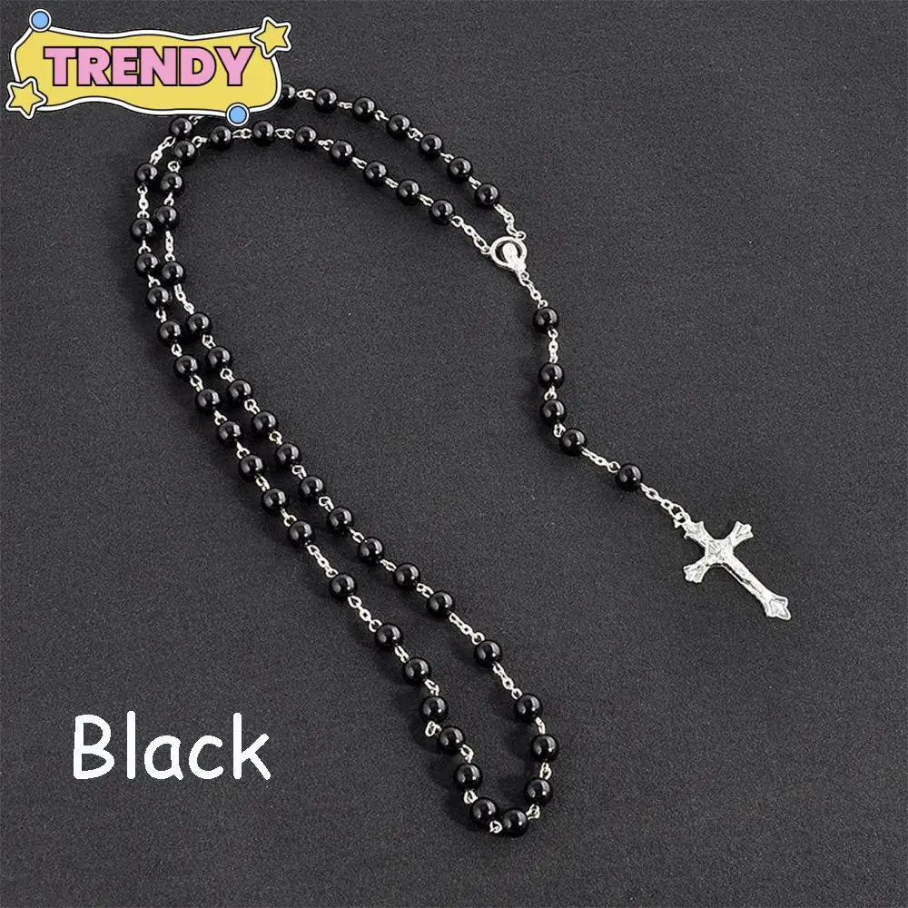 Collar de Moda Vintage con Colgante de Cruz y Virgen María, Cadena de Rosario con Cuentas de Jesús