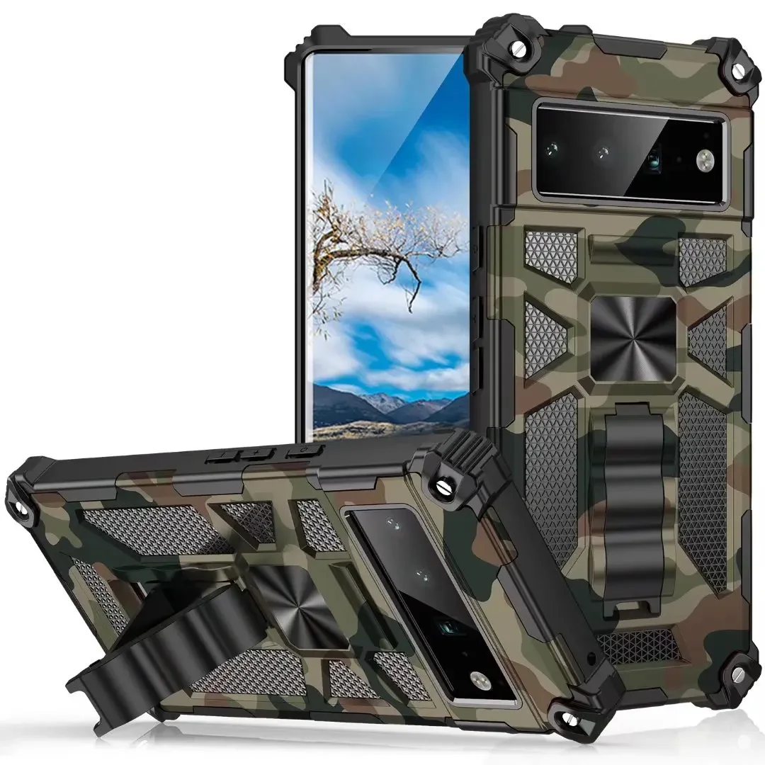 Military Camouflage Rugged Armor Shockproof Phone Case For Google Pixel 6 7 8 Pro 6A 7A Magnet Kickstand TPU Plastic Back Cover