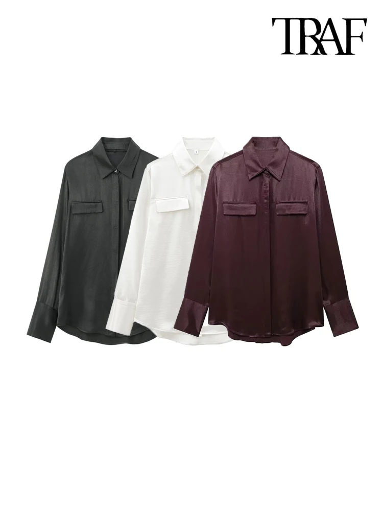 TRAF-Satin Shirts with Pockets for Women, Long Sleeve, Button-up, Female Blouses, Chic Tops, Fashion