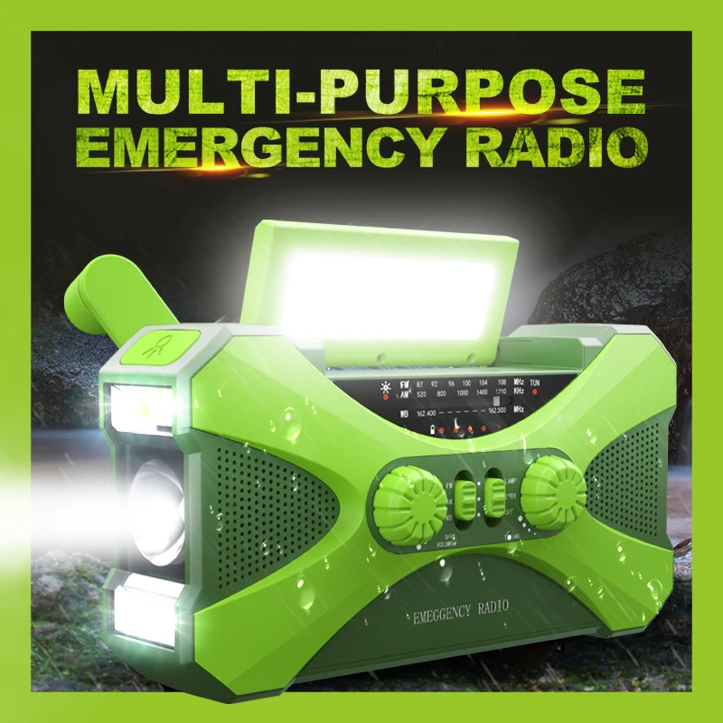 Emergency Flashlight Torch 10000mAh Power Bank Multifunctional Radio Hand Crank Solar USB Charging FM AM WB NOAA Weather Radio