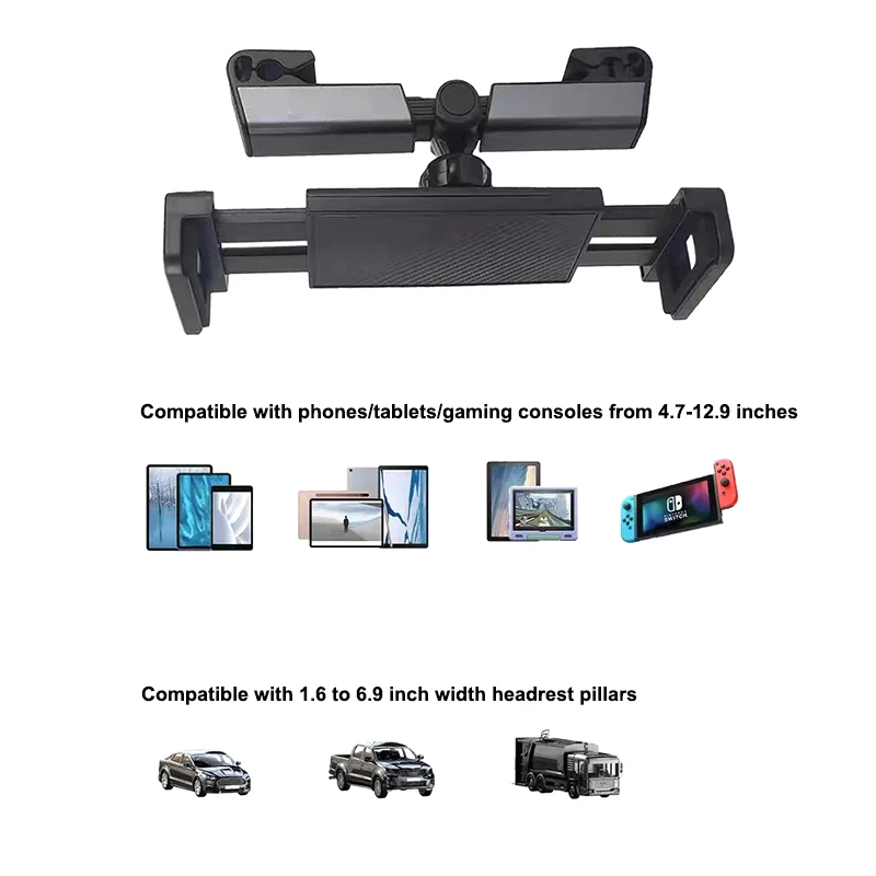 Car Headrest Back Seat Tablet Holder Stretchable Phone Stand Rear Pillow Adjustment Bracket for 4.7-12.9 Inch Pad PC