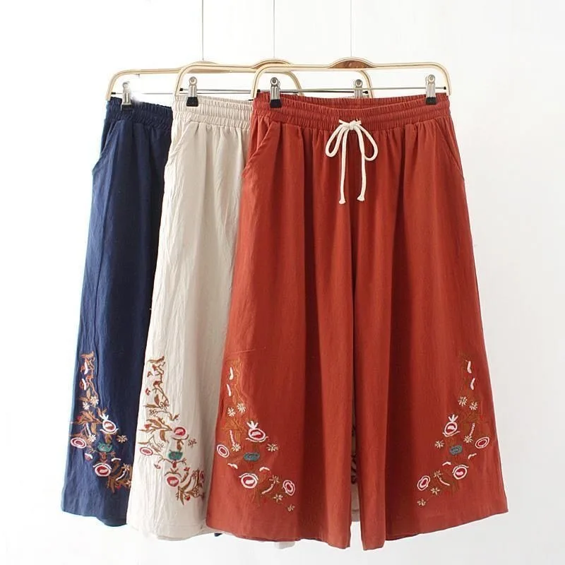 

Cotton Linen Wide-leg Trouser Women Chinese Retro Embroidered Straight Cropped Pantalones Summer Middle-aged Elderly Casual Pant