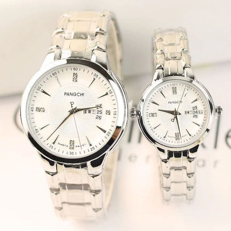 Korean Style High-End Trendy Double Calendar Steel Strap Couple Watch a Pair of Business Men and Women White Collar Student Quar