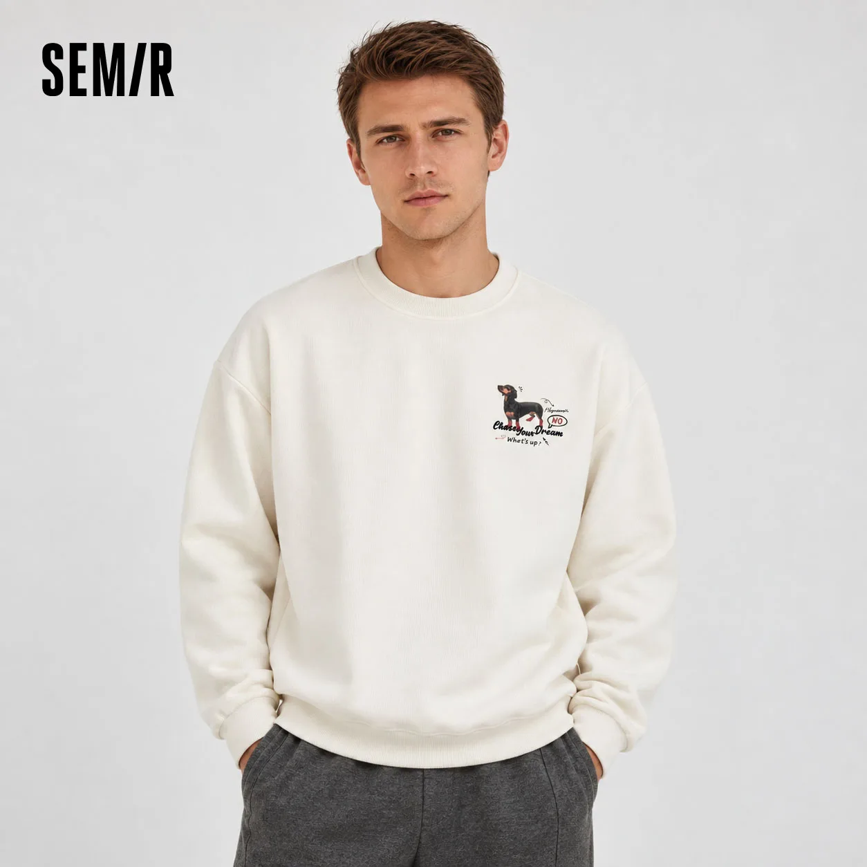 Semir Men Fleece Sweatshirt Fleece Lined Loose Fit Crew Neck Vintage Style Graphic Print 2026 New Winter Daily Wear