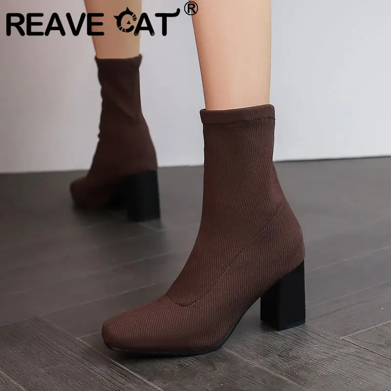 

REAVE CAT Design Women Stretch Ankle Boots Round Toe Block Heel 7cm Slip On Large Size 46 47 48 Fashion Sexy Dating Female Booty