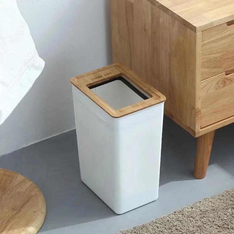 Rectangular Trash Can with Wooden Lid Ring Large Wastebasket White Garbage Bin Can Trash Container for Office Home Bedroom