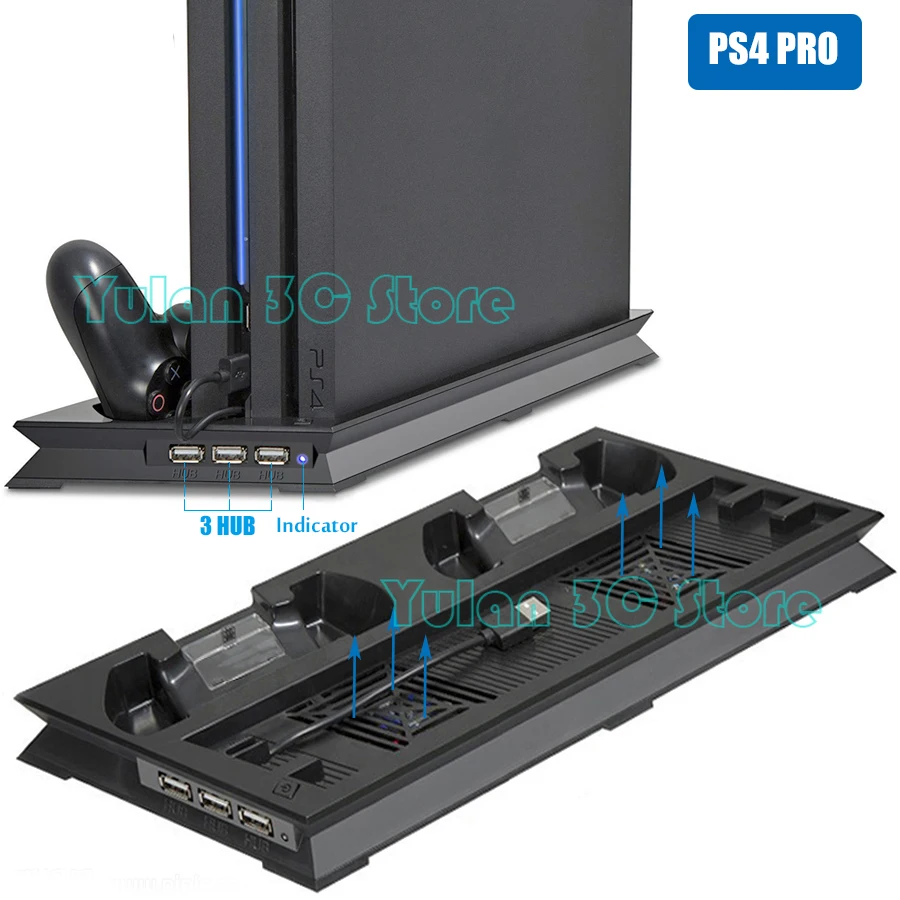 PS4 Pro Cooling Vertical Stand 2 Controller Charger Charging Dock Station 2 Cooler Fan 3 HUB for Playstation 4 Pro Accessories