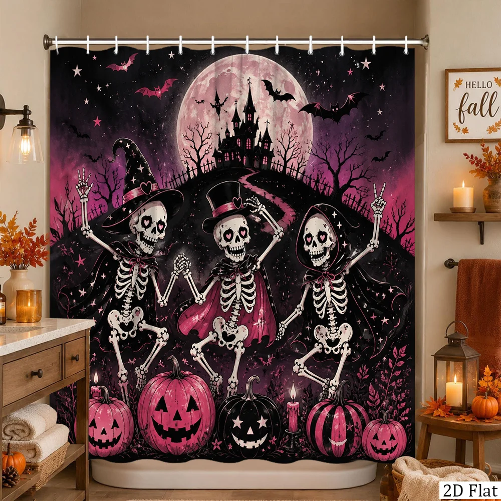 1pc Halloween Skeleton Dancing Spooky Castle Moon Bat Pink Pumpkin Shower Curtain Funny Creative Watercolor Gothic Starry Night