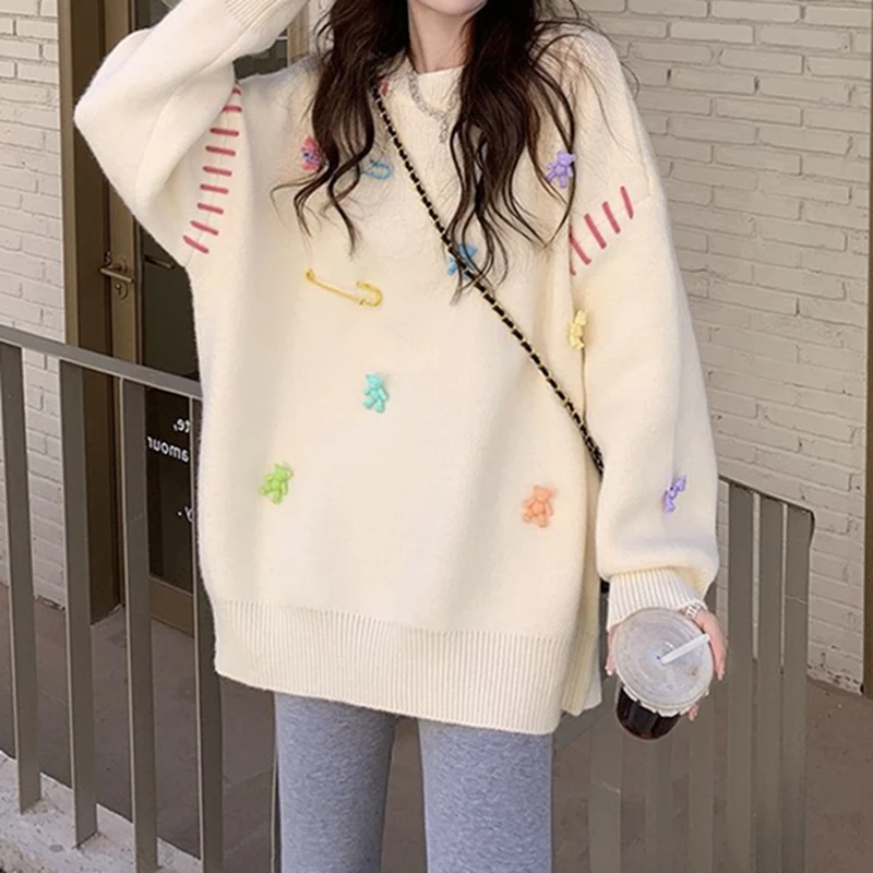 Korean Kawaii Sweater Women Autumn Winter Bear Embroidery O-neck Long Sleeve Loose Pullovers Tops Fashion Casual Knitwear Jumper