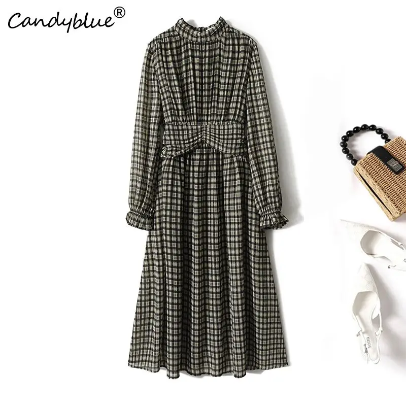 

Black Plaid Vintage Stand Neck Put Waist Dress Long Sleeve Chic Loose Elegant Comfortable Knee-Length Summer Dresses For Women