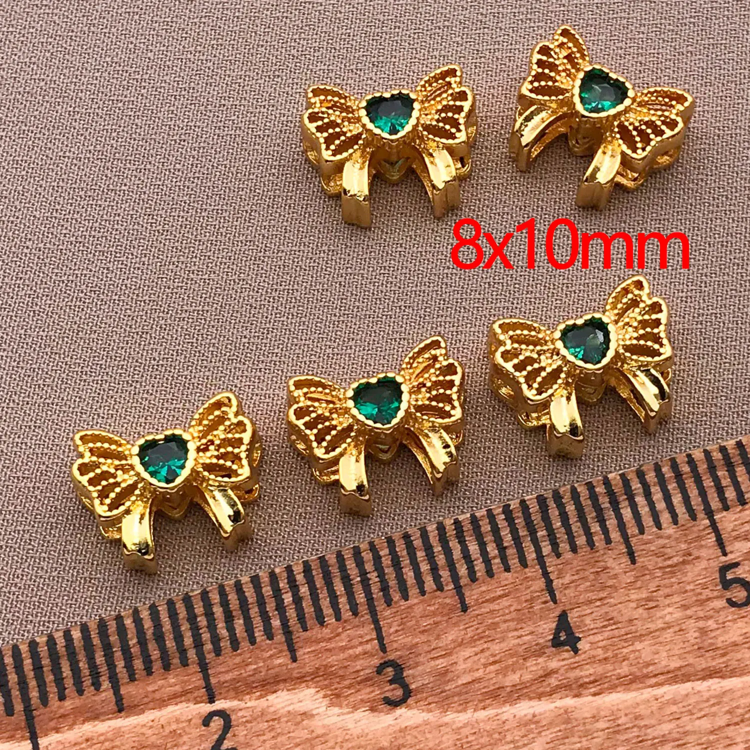 10pcs 8x10mm Copper-Plated Inlaid Green/Lavender Love Zircon Bow Porous Spacer Beads DIY Necklace Bracelet Jewelry Accessories