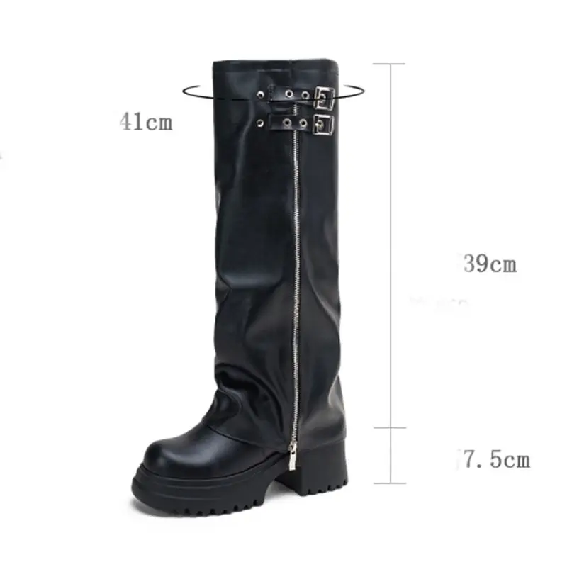 ORCHALISA Designer Ladies Knee High Footwear Round Toe Chunky Heel 7.5cm Raised Base Zipper Metal Ornament Extended Sizes 44 45