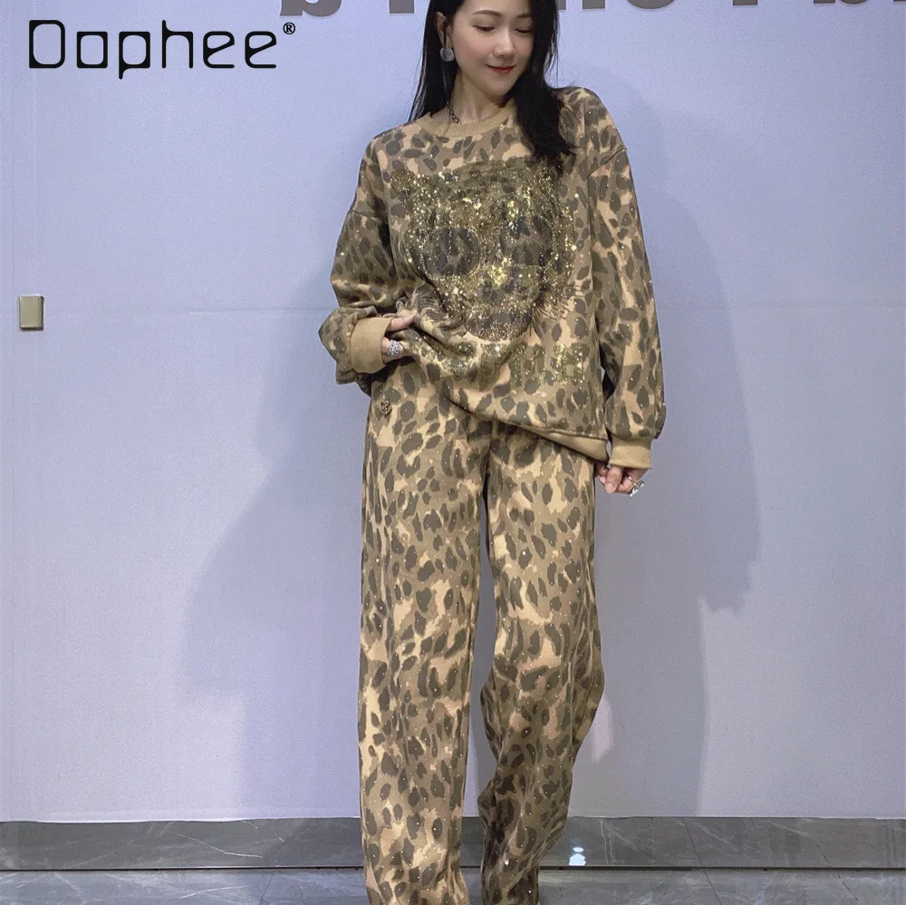 

Round Neck Long-sleeved Sweatshirt Leopard Print Pullover Top and Sweatpants Two-piece Set Women's Autumn New Casual Loose Suit
