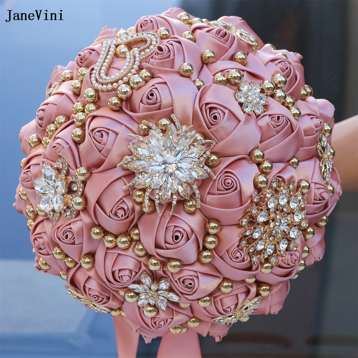 JaneVini 2024 Luxury Dusty Pink Flowers Bridal Bouquets with Gold Crystal Artificial Satin Roses Jewelry Wedding Brooch Bouquet