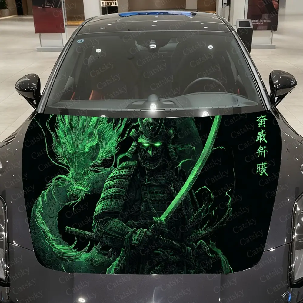 

Зеленая фосфоресцентная виниловая пленка для автомобиля с изображением дракона и самурая, водонепроницаемая наклейка на капот автомобиля из ПВХ, самоклеящиеся устойчивые к царапинам наклейки