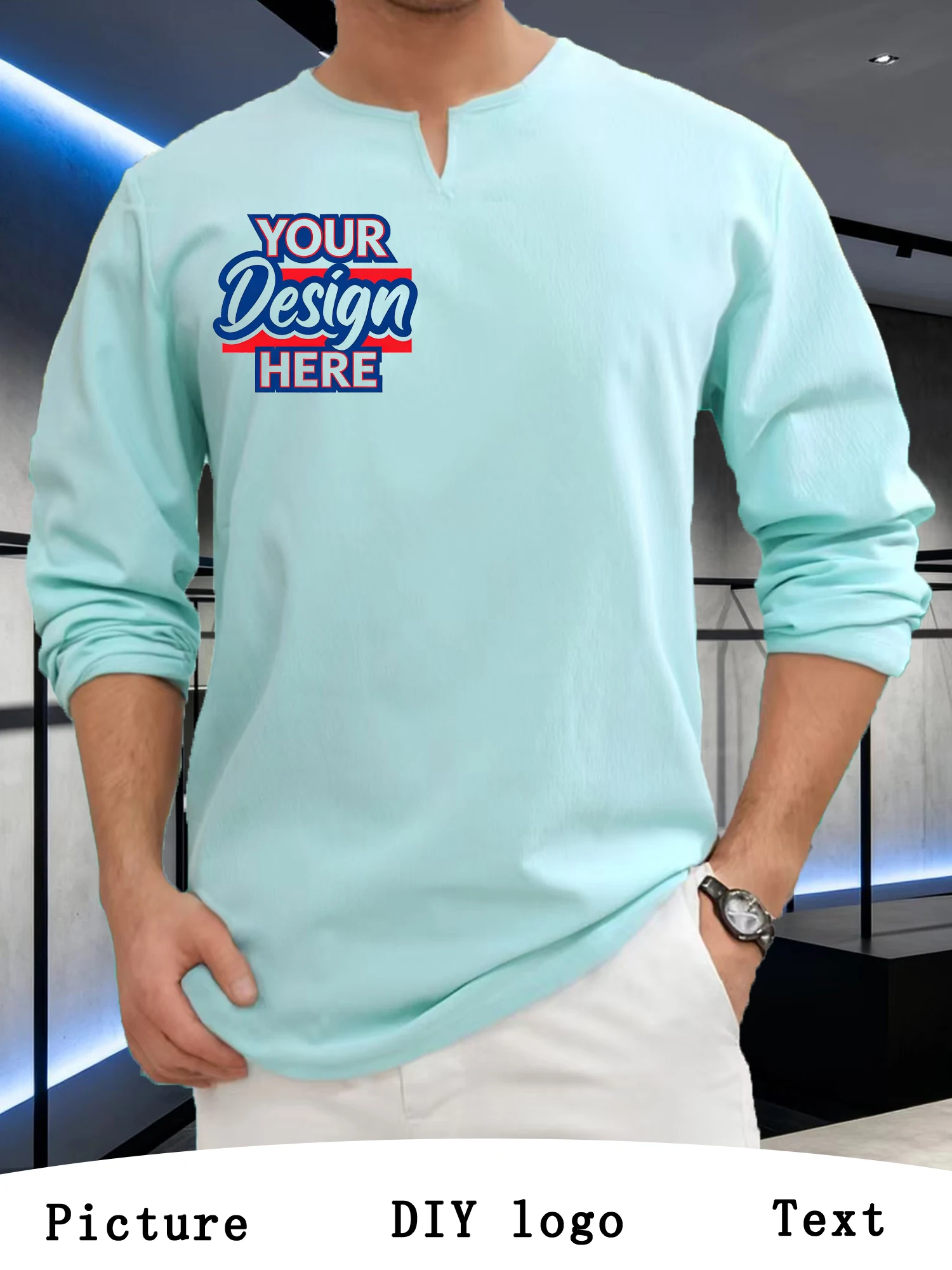 Men's fashionable V-neck long sleeved custom T-shirt, can be given as a gift to friends, or printed to add festive atmosphere