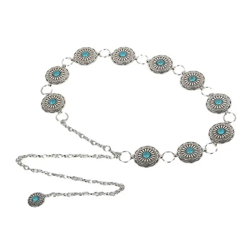 652F Elegante Dames Legering Taille Riem Delicate Gesneden Turquoise Gesp Riem Banket Jurk Vrouwen Bohemian Seaside Taille Riem