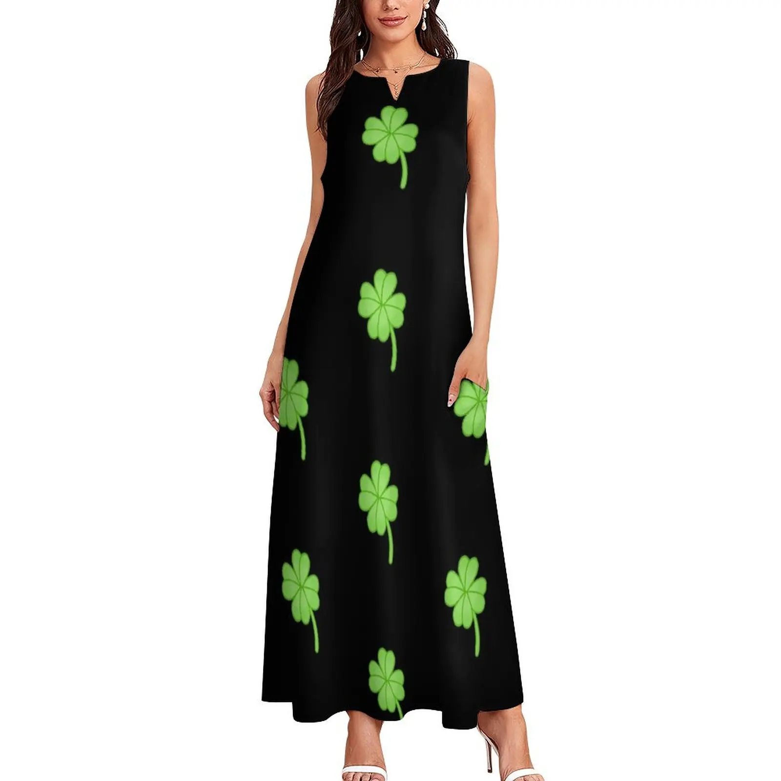 Lucky Shamrock Pattern - Symbol of Saint Patrick's Day in Black Background Long Dress summer woman dress 2025