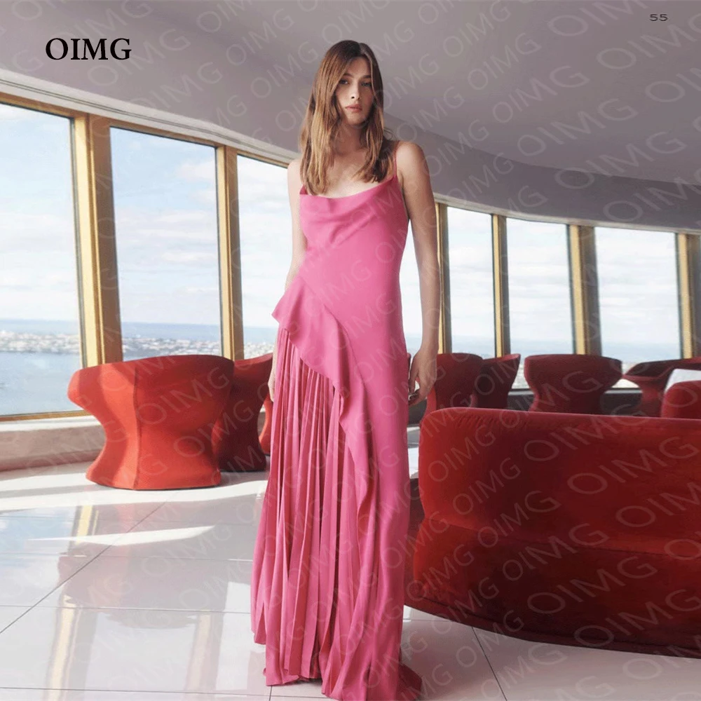 

OIMG Elegant Pink Sleeveless Long Prom Dresses Stretch Satin Tiered Strapless Long Saudi Arabic Formal Party Evening Gowns Dress