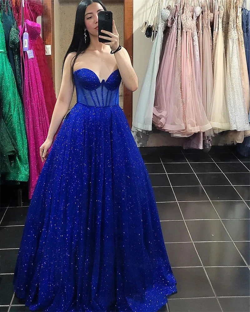 Glitter Royal Blue Tulle Long Prom Dresses Sleeveless Sweetheart Dubai Arabic Evening Gowns Shiny Formal Occasion Party Dress