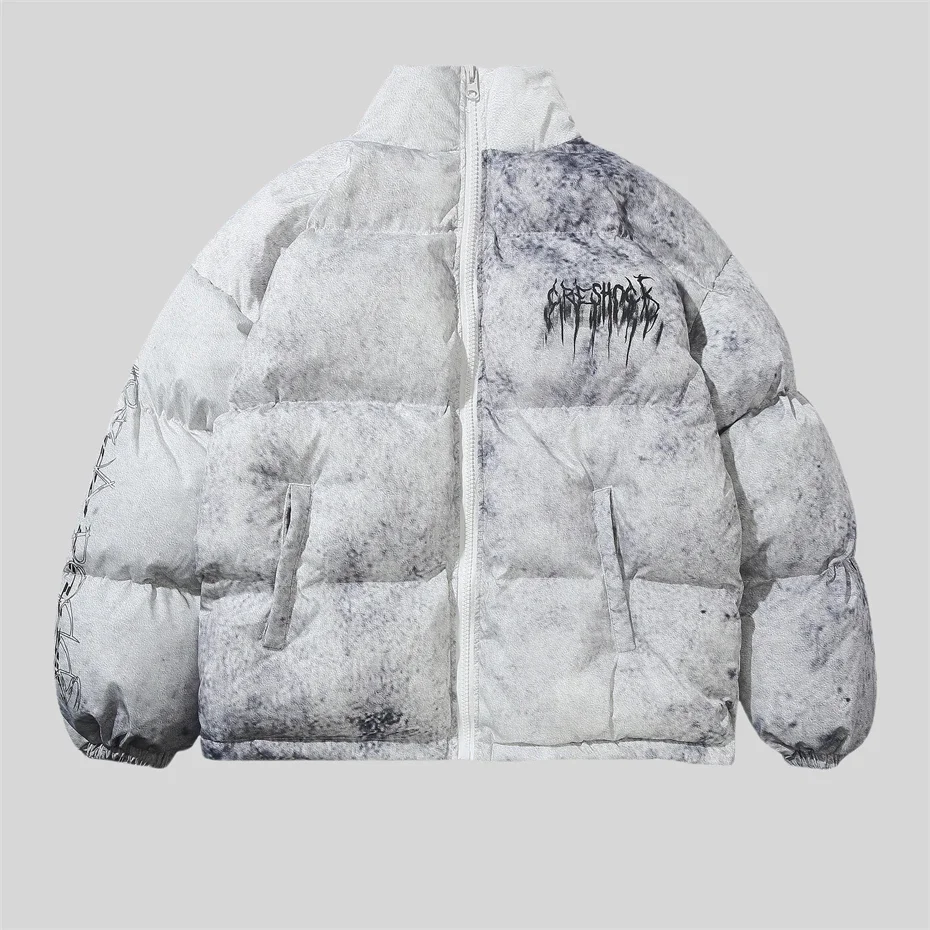 Winter Tie Dye Parka Men Harajuku Thick Padded Jacket Coat Men Oversized Hip Hop Streetwear Letter Print Zip Up Jackets Unisex