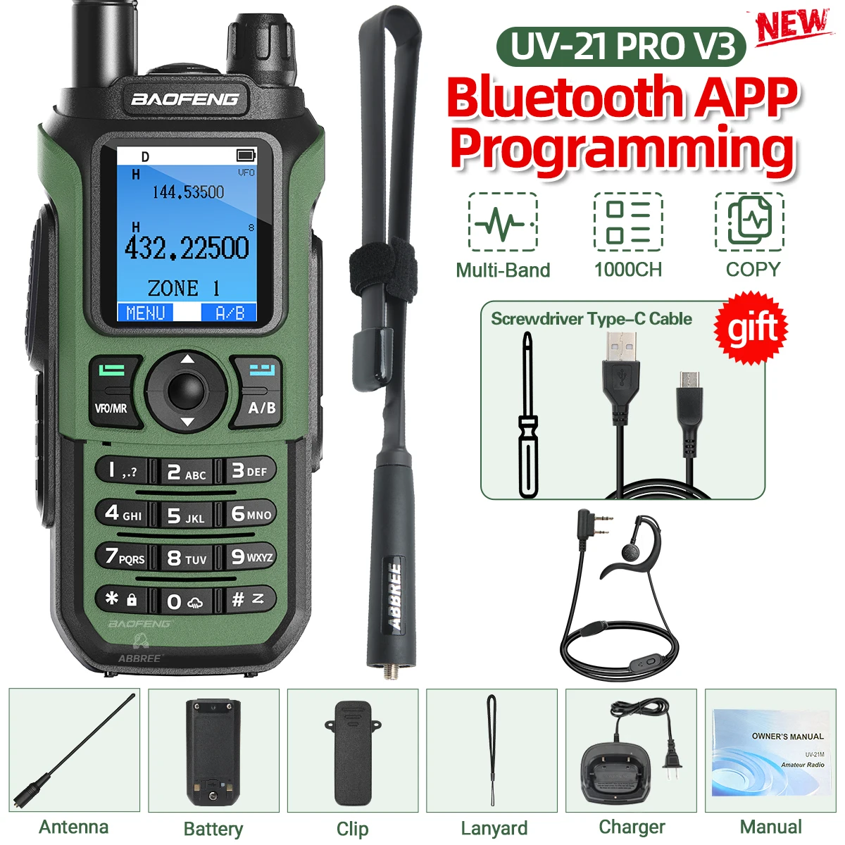 Baofeng UV-21 PRO Air Band Walkie Talkie Lange afstand Bluetooth Programmering 1000CH AM FM NOAA VOX Type-C Oplader V3 Tweerichtingsradio