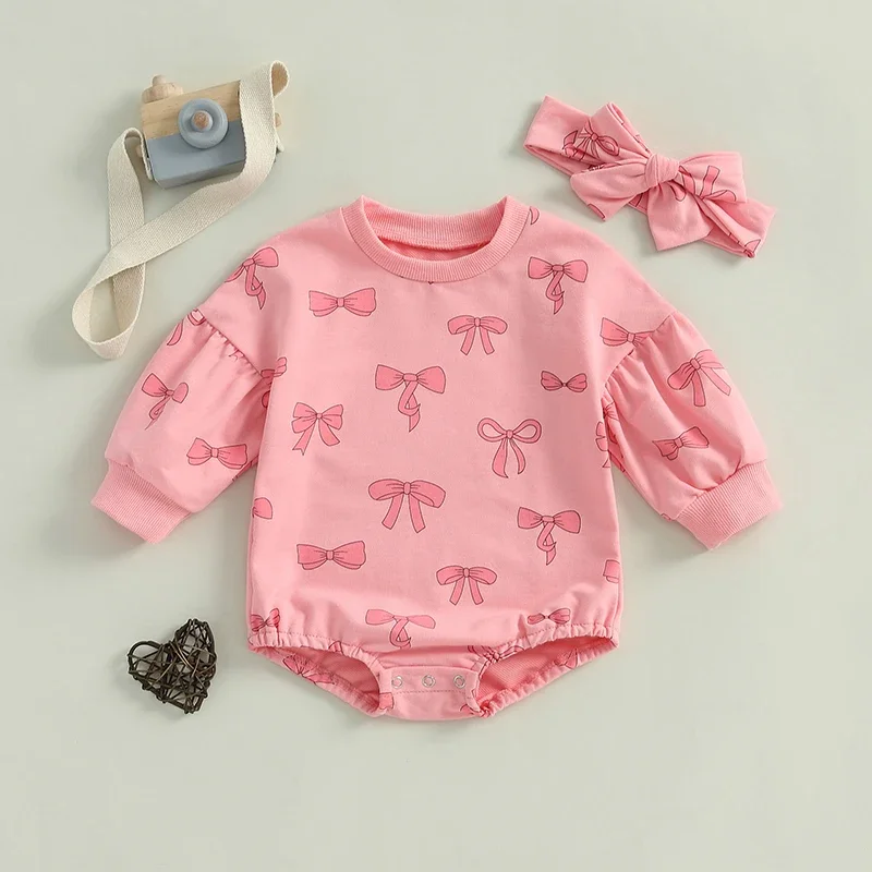 SUNSIOM 0-18 Months Baby Girl Fall Outfit Bow Print Crew Neck Long Sleeve Sweatshirt Romper Tie-up Headband 2 Pcs Set