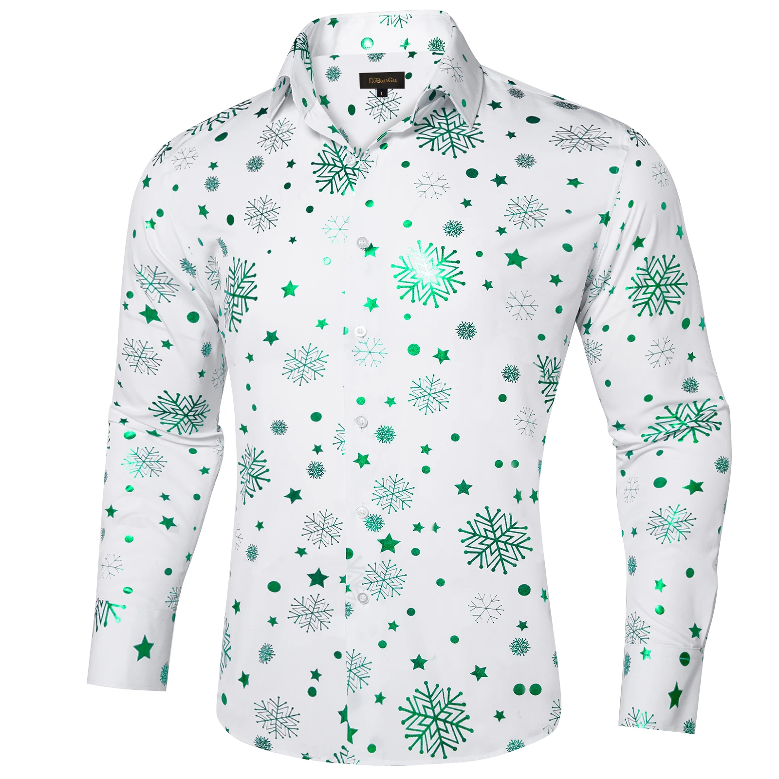 Camisa de manga larga para hombre, camisa de vestir con cuello abotonado, blusa con patrón de copo de nieve, color verde, rojo y negro, navidad