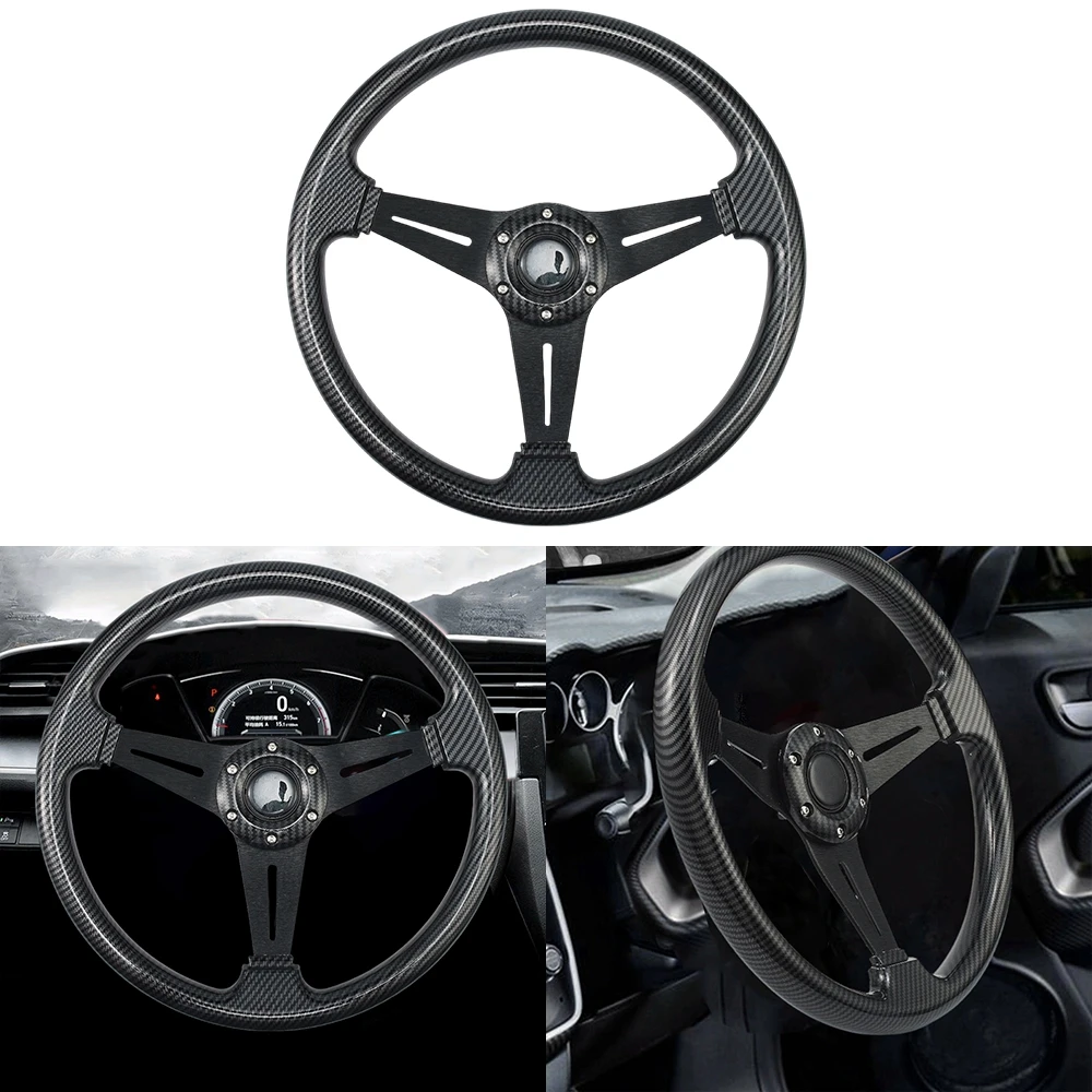 

34cm Black Carbon Fiber Look Car Steering Wheel with Horn 3 Spokes, Rally Racing Modified Steering Wheel