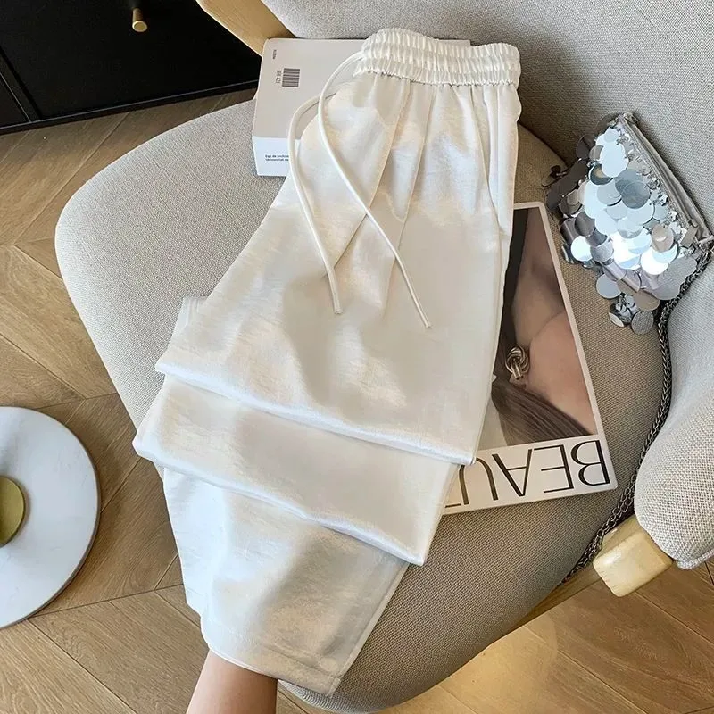 

Women's White Satin Wide Leg Pants Elastic Waist Drawstring Trousers Casual Streetwear