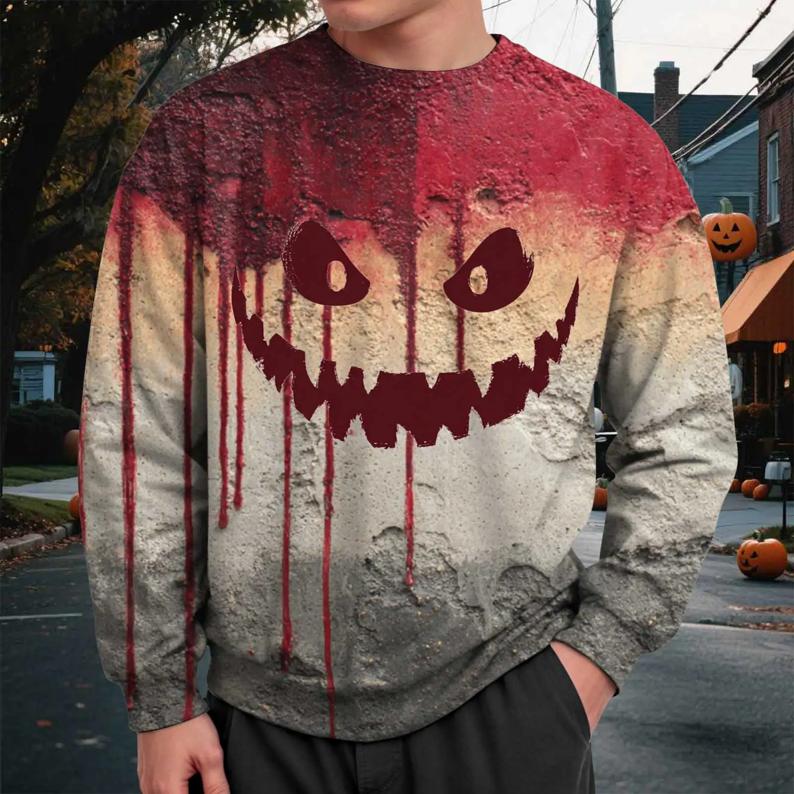 

Men'S Halloween Bloody Print Pullover Vintage Thickened Round Neck Casual Sweatshirt Autumn Fleece Hoodie Man Hoodie