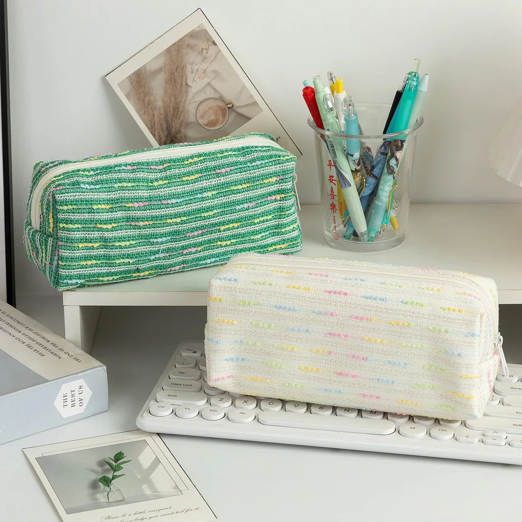 Woven Pencil Bag Large Capacity Storage Bag Color Striped Pencil Bag Smooth Zippered Desk Organizer Pouch For Small Office Desk