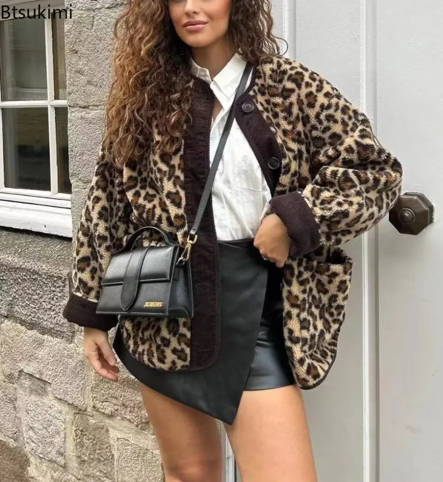 

New 2025 Women Fashion Winter Leopard Print Coat Long Sleeves Loose Single Breasted Female Top Pockets Streetwear Woman Cardigan