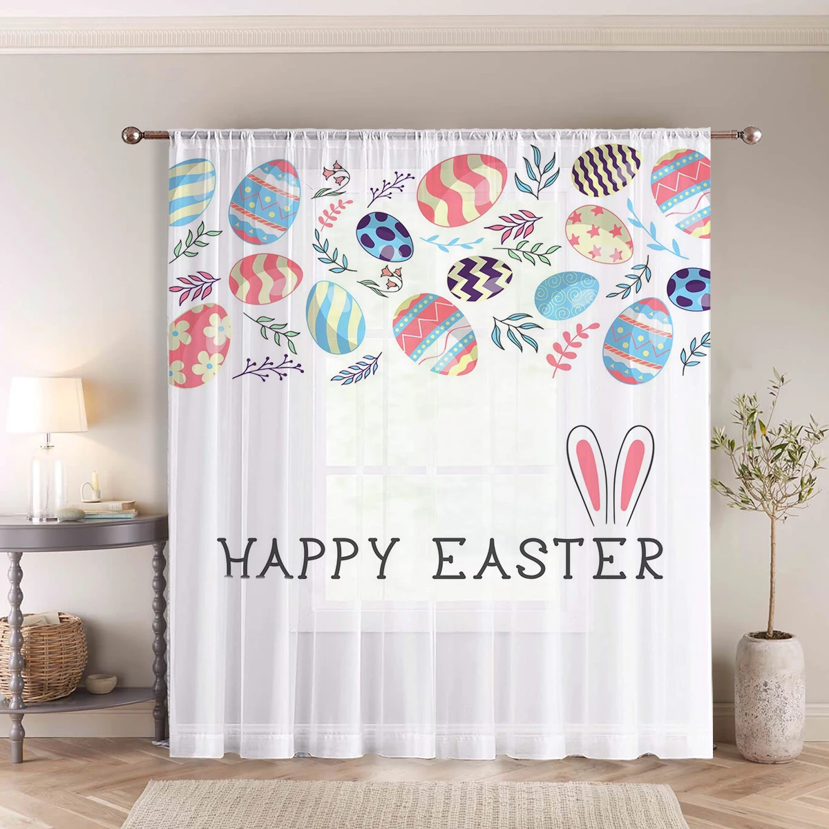 1 Pc Happy Easter Cute Egg Rabbit Sheer Curtain - Translucent, Light Reducing, Privacy Protection, Rod Pocket, for Living Room