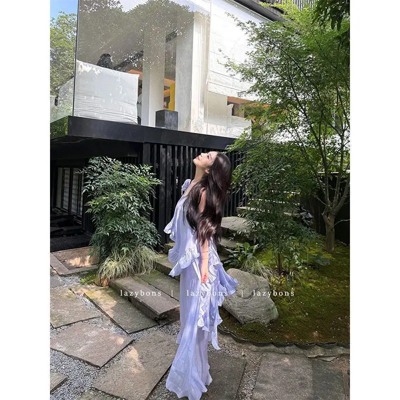 

2026 New Summer Women Cami Dress Luxury Elegant 3D Floral Ruffle Hem Holiday Style Swing Midi Dress