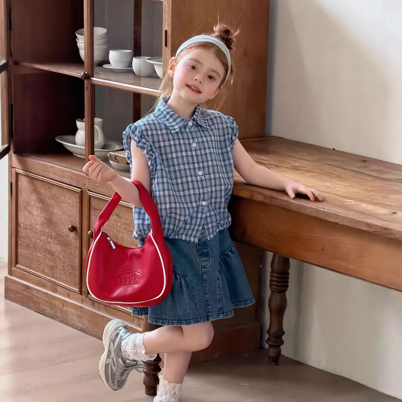 Girls T-shirt 2026 Spring and Summer New Childrens Clothing Korean Style Girl Baby Fashion Sleeveless Frilly Short Plaids Shirt - view 2