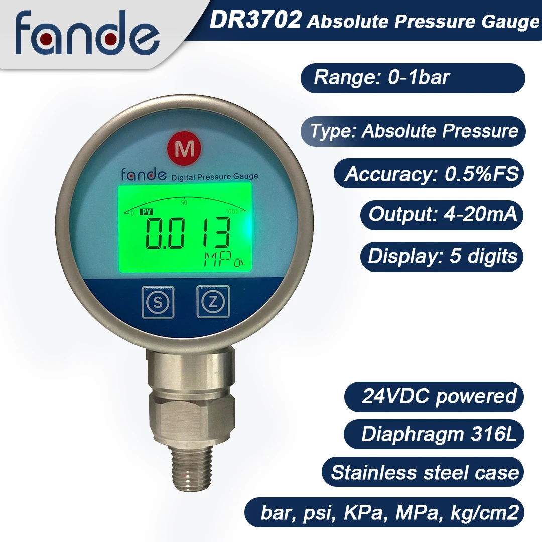 Absolute Pressure Gauge 0-1bar Output 4-20mA Display 5 Digits Accuracy 0.5%FS Power Supply 24VDC For Air Gas Oil Water