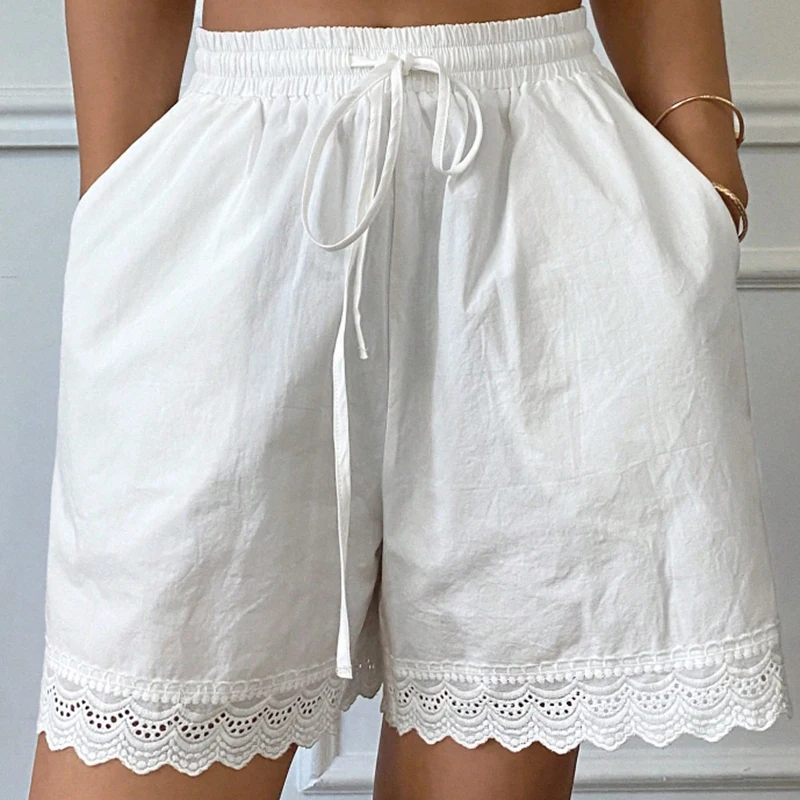 Pantalones cortos holgados con dobladillo con ojales, pantalones cortos informales de cintura alta elásticos para mujer, ropa de dormir de verano, pantalones cortos Vintage de los años 90, pijamas
