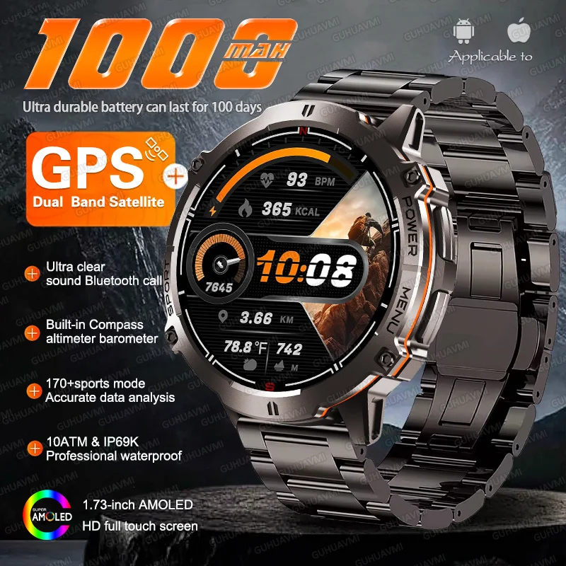 NEW TANK X3 Military 1000mAh GPS Smart Watch 1.73 AMOLED Screen Built-in Compass Altimeter Swim 10ATM Waterproof Call Smartwatch