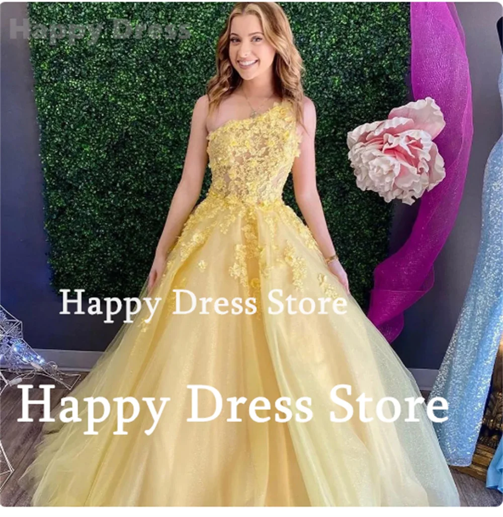 Happy Dress Custom Yellow Prom Party Dress Sleevelesss 3D Flower Appliques A-Line Tulle Wedding Dress Women Bridal Evening Dress