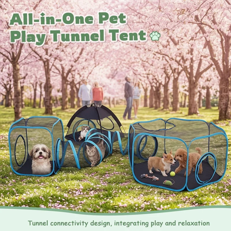

4-in-1 Portable Mesh Pet Fence Playhouse Multi-Animal Cage with Tunnel Indoor Outdoor Easy Setup for Cats And Small Animals