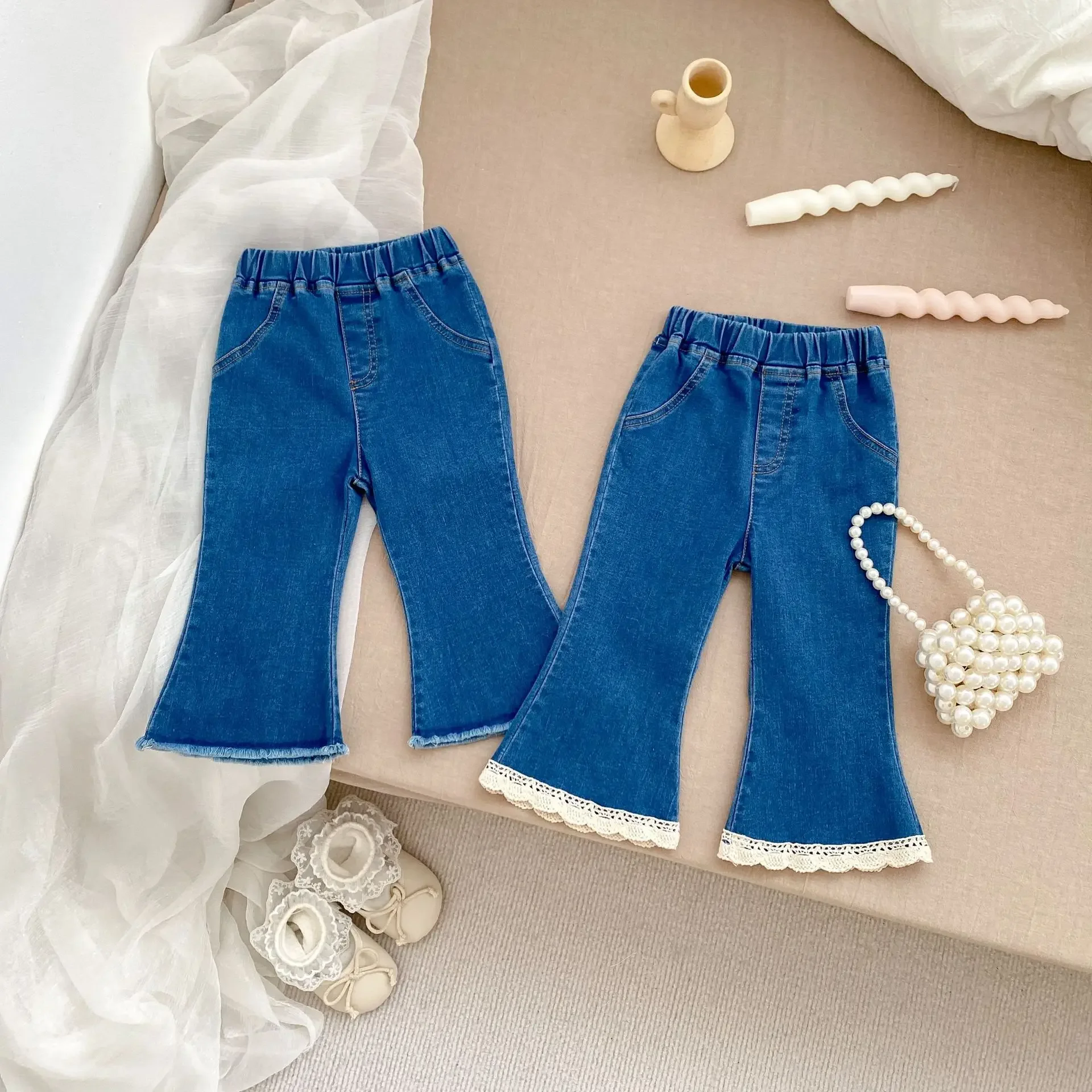 Baby Clothing 2024 Autumn Kids Pants Girls Simple Slim-fit Flare Casual All Match Casual Simple Baby Fashionable Denim Pants