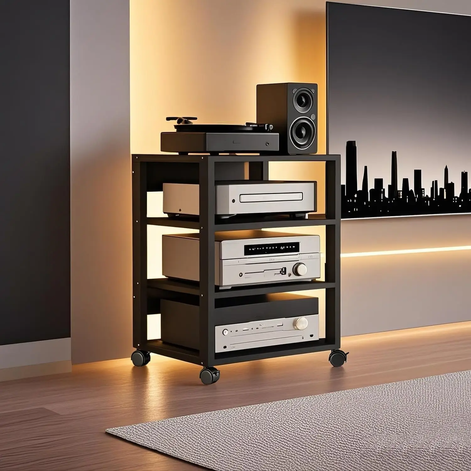 4 Tier AV Media Stand, Audio Rack Tower Stereo Components Cabinet | Home Theatre CD Record Player Stereo Receiver Equipment Rack